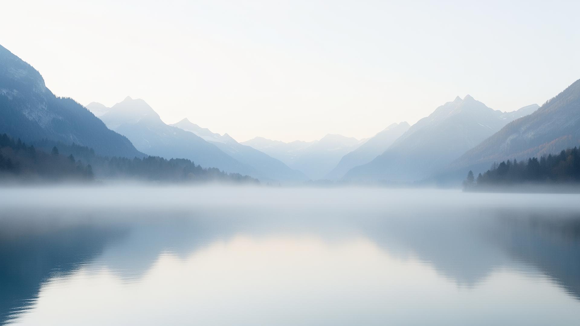 Ruhiger Bergsee im Morgennebel